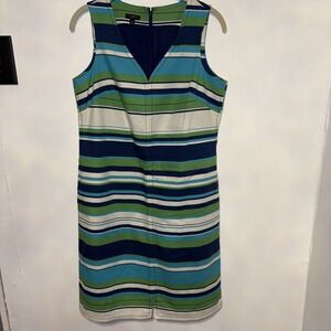 Talbots Petites 10P Green striped Cotton V-Neck Sleeveless Sheath Shift Dress